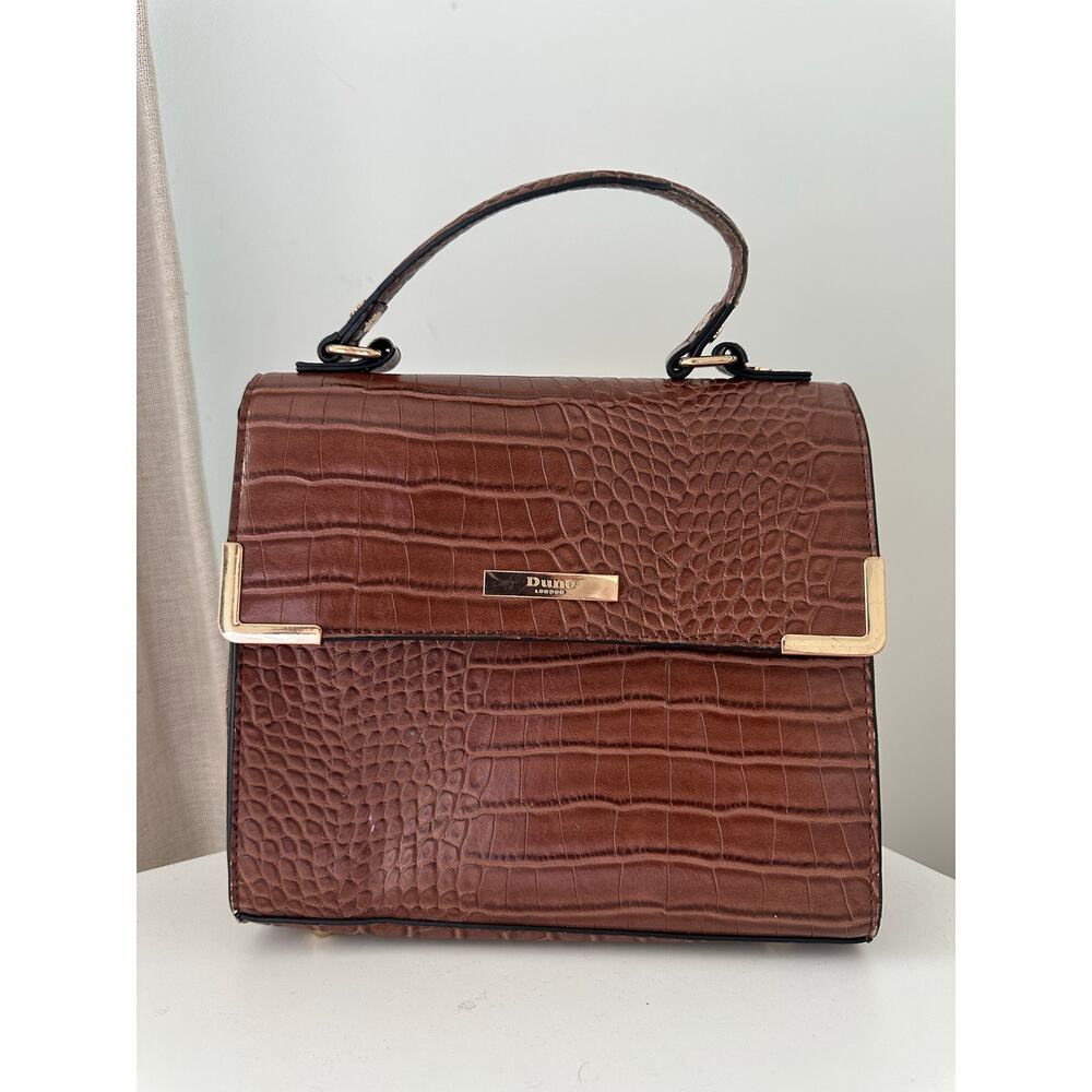 Dune London Brown Croc Embossed Leather Top Handle Bag Gold Hardware Minimalist
